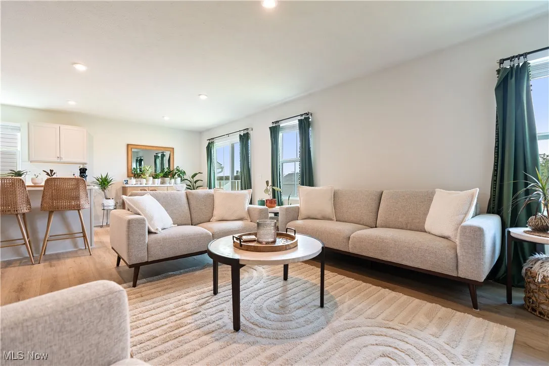Living room featuring light wood-type flooring and recessed lighting