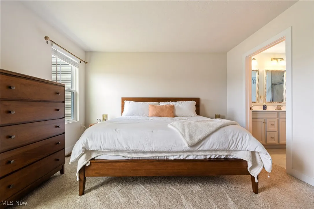 Bedroom featuring light carpet and connected bathroom