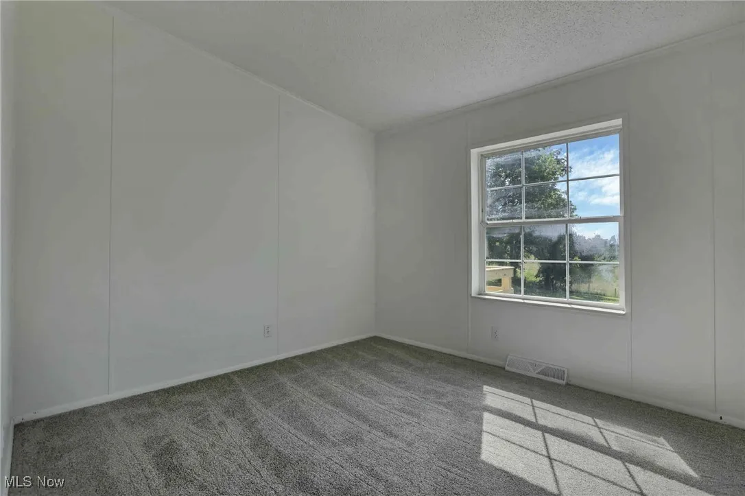 Empty room with carpet and a textured ceiling