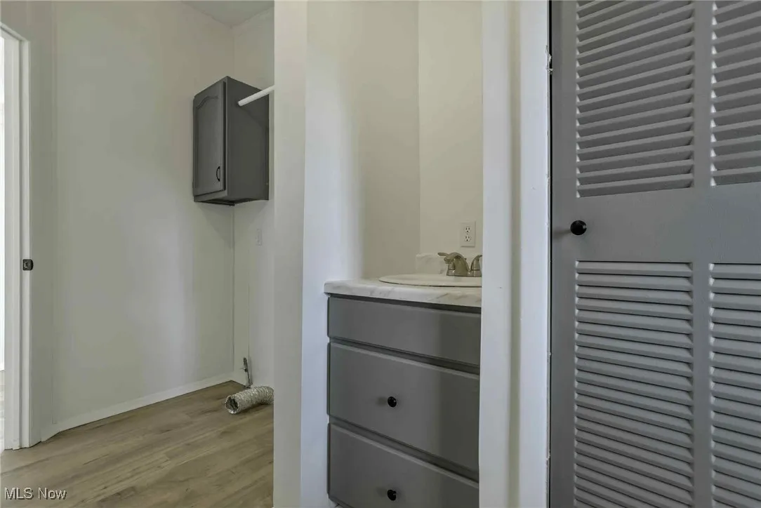 Bathroom with wood finished floors and vanity