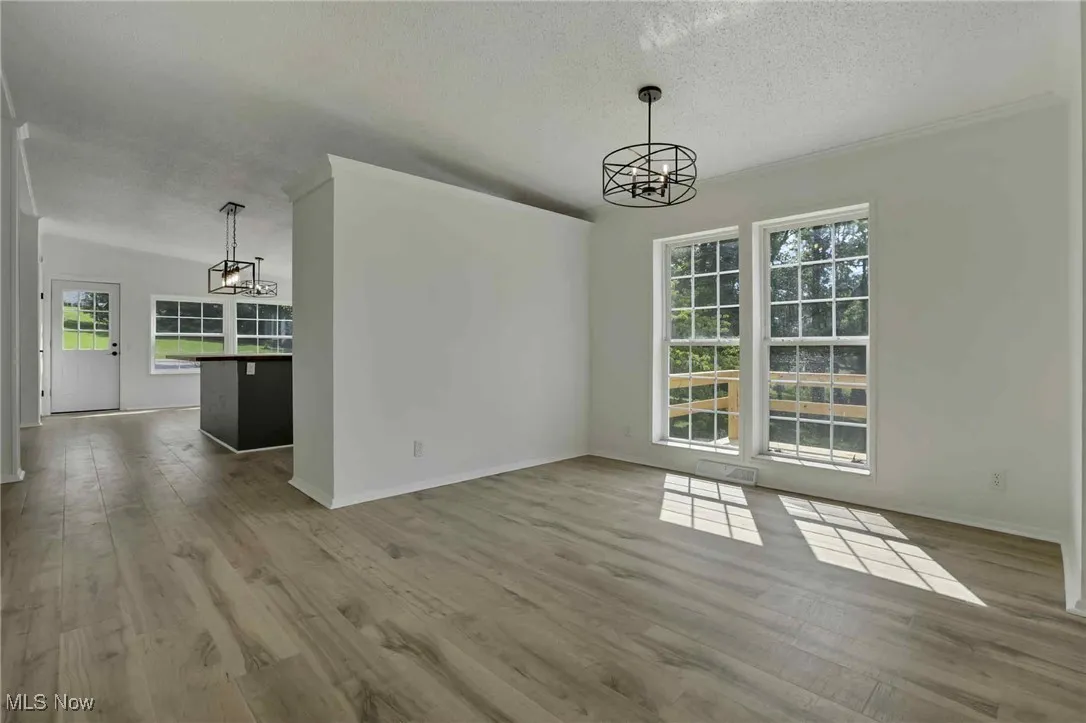 Unfurnished dining area featuring a chandelier, a textured ceiling, and wood finished floors