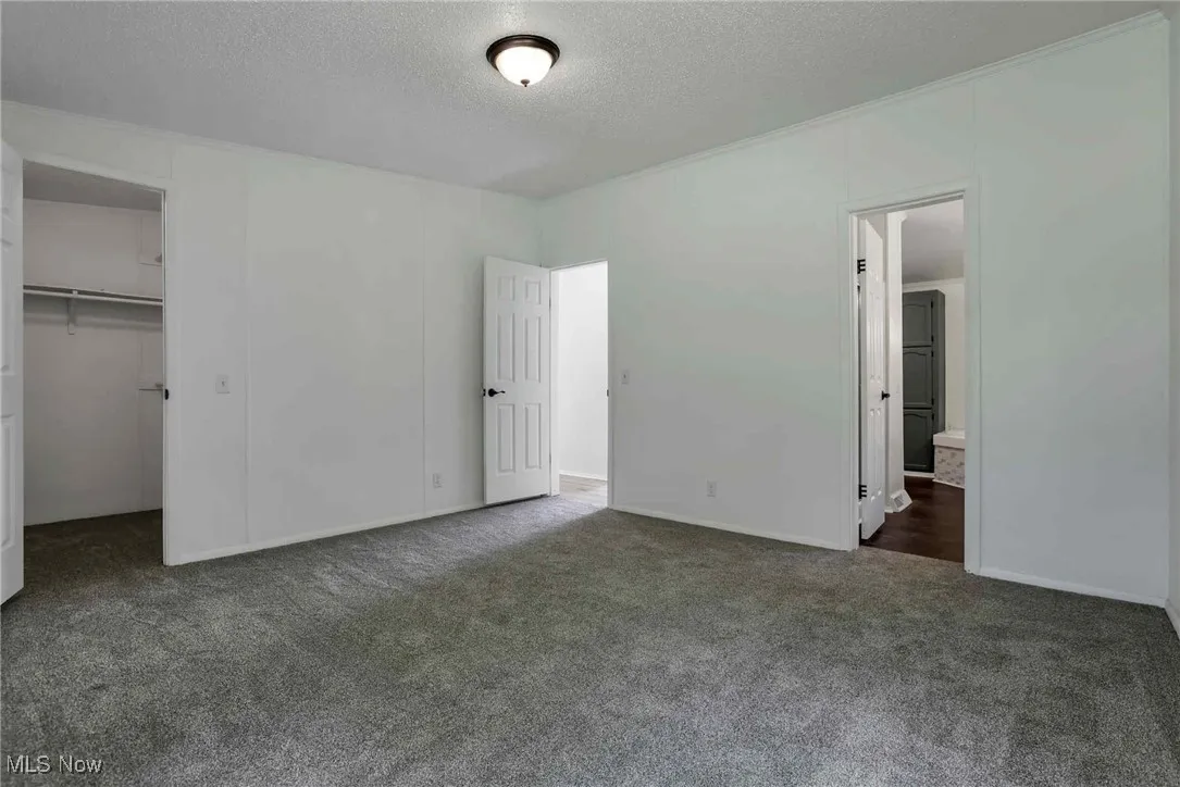 Unfurnished bedroom featuring carpet flooring, a textured ceiling, a spacious closet, and connected bathroom