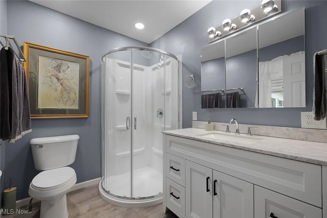 Full bathroom featuring a stall shower, wood finished floors, vanity, and recessed lighting