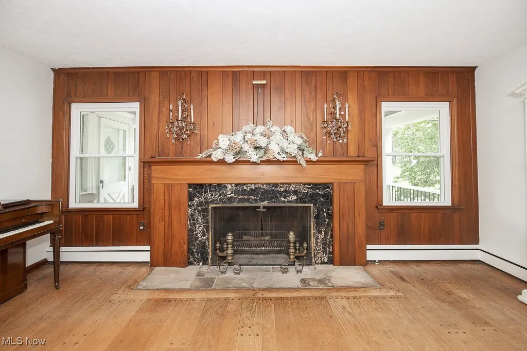 Detailed view of a fireplace, baseboard heating, and wood finished floors