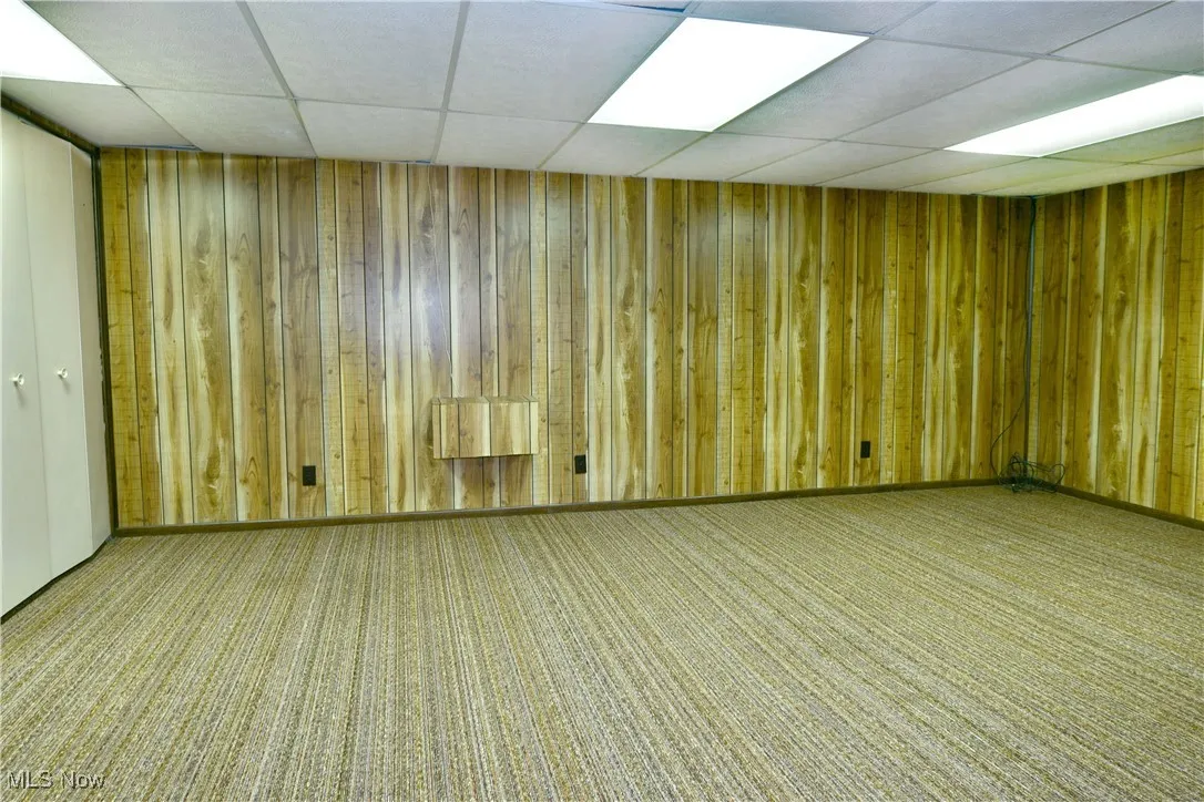Unfurnished room with a paneled ceiling, carpet floors, and wood walls