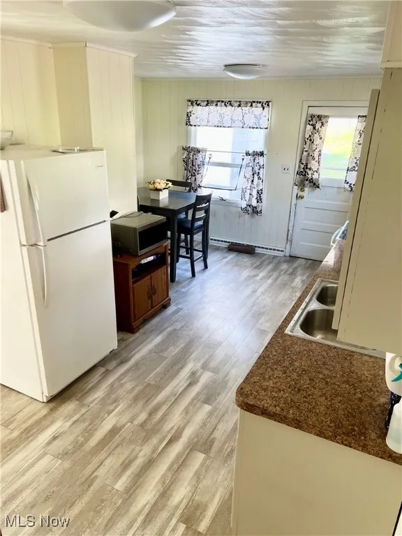 Kitchen with dark countertops, plenty of natural light, freestanding refrigerator, and light wood-style floors
