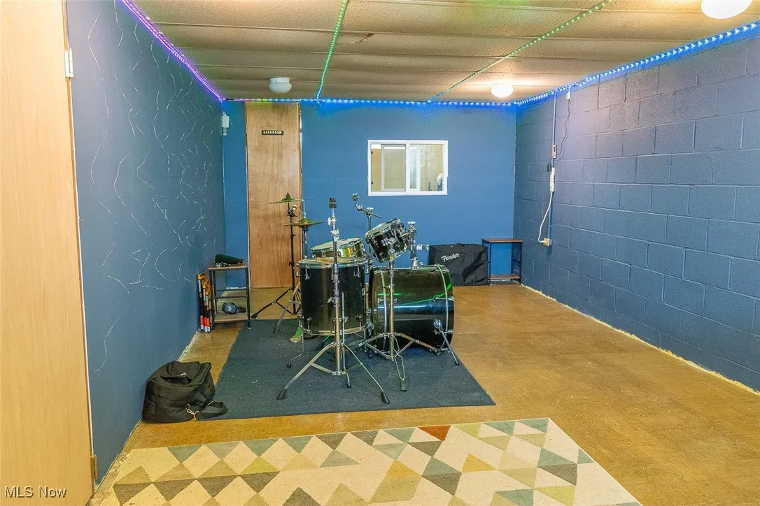 Dining area with concrete block wall
