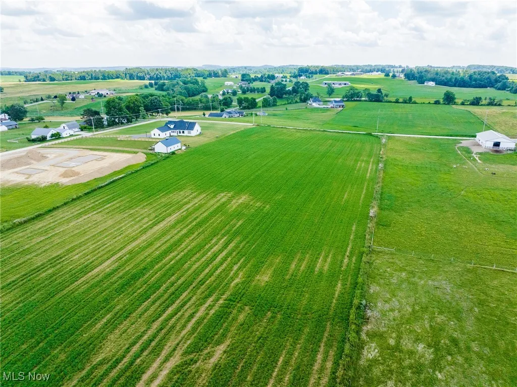 Overview of rural landscape featuring large plots for crops