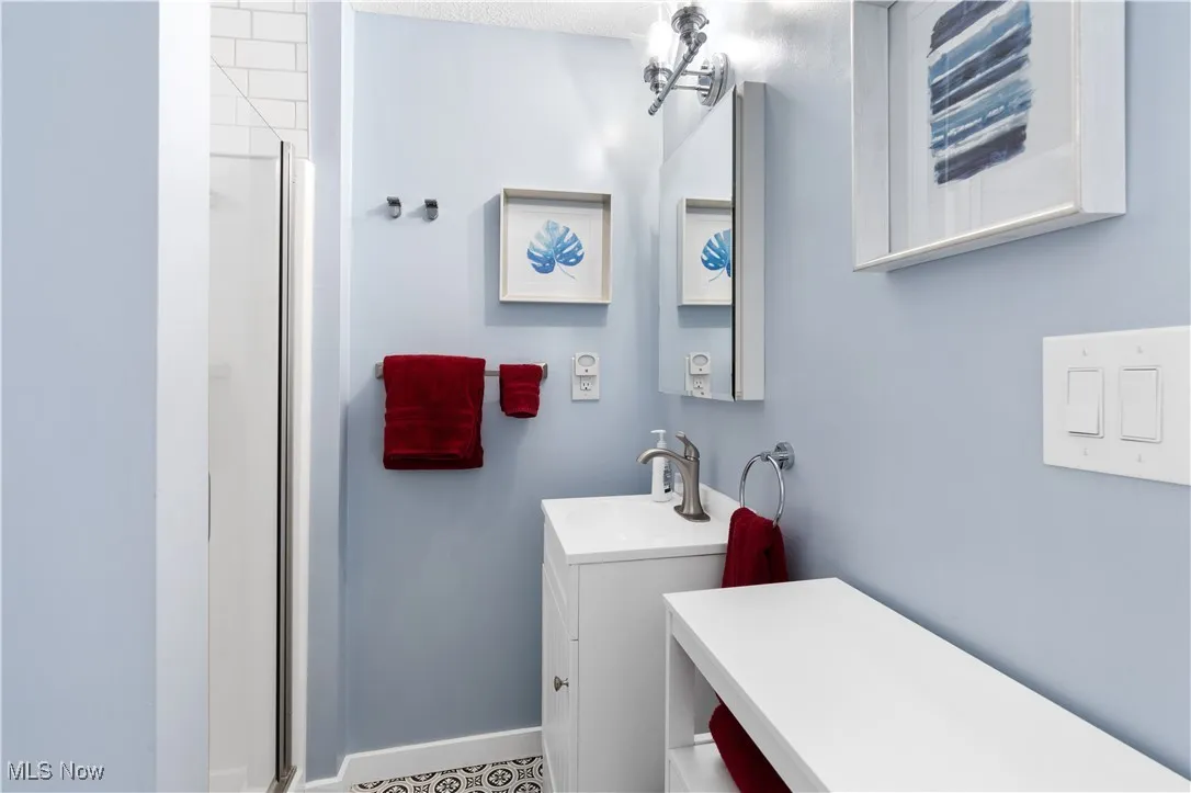 Bathroom featuring vanity and a stall shower