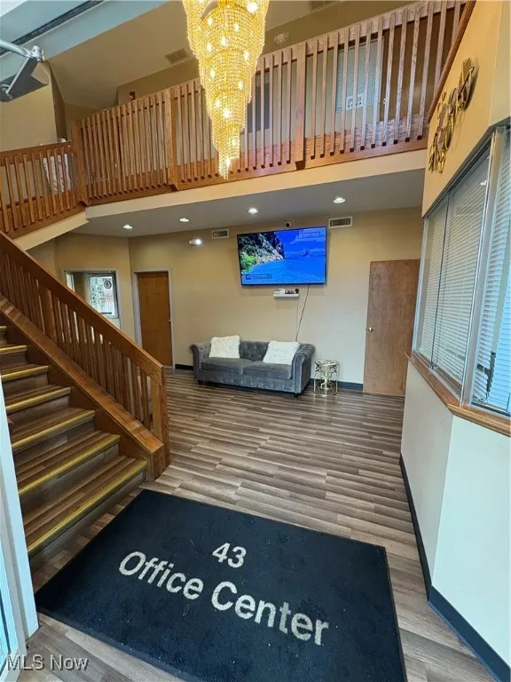 Building lobby with a high ceiling and stairs