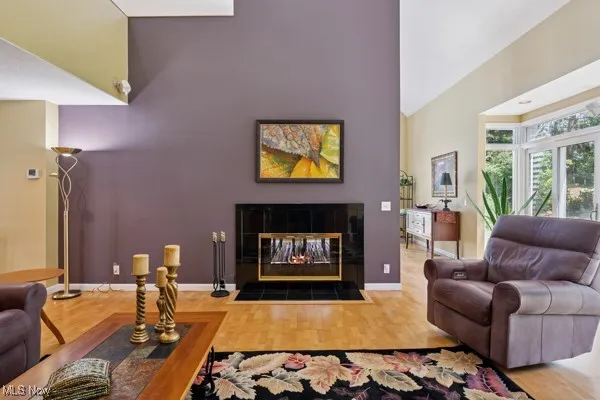 Living room with high vaulted ceiling, a fireplace, and wood finished floors