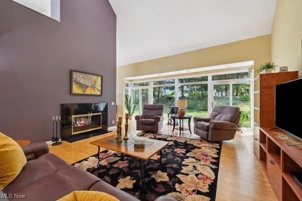 Living area with high vaulted ceiling, light wood-style flooring, and a premium fireplace