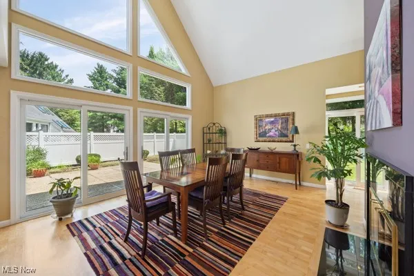 Dining space featuring high vaulted ceiling and wood finished floors