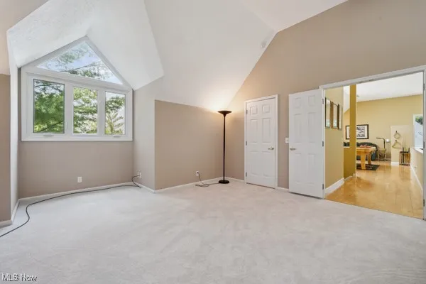 Additional living space with lofted ceiling and carpet floors