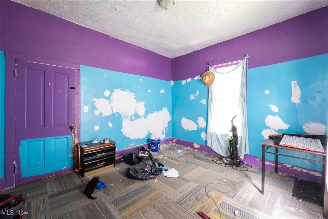 Bedroom with a textured ceiling