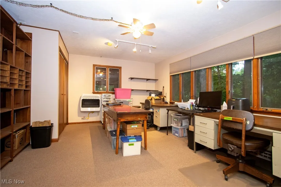 Office featuring carpet, heating unit, a ceiling fan, and track lighting