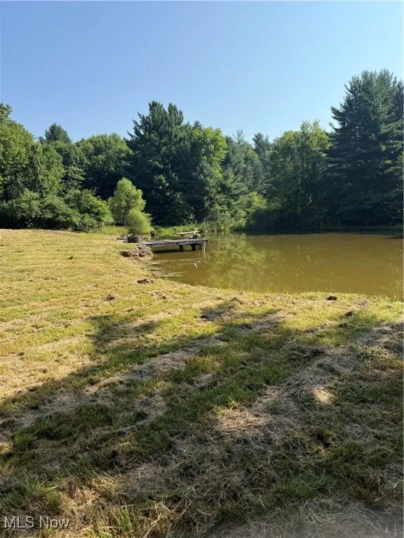 View of yard featuring a water view and a forest view
