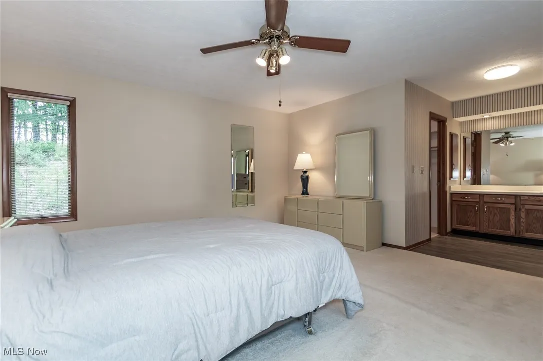 Carpeted bedroom with ceiling fan and ensuite bathroom
