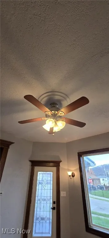 Detailed view of a textured ceiling and a ceiling fan