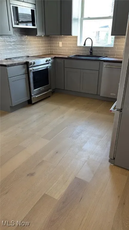 Kitchen with stainless steel appliances, light wood-type flooring, dark countertops, decorative backsplash, and gray cabinetry