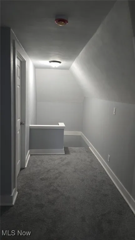 Additional living space featuring dark carpet and vaulted ceiling