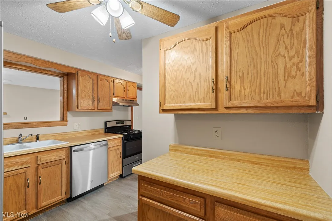 Kitchen featuring stainless steel appliances, light wood finished floors, light countertops, a ceiling fan, and under cabinet range hood
