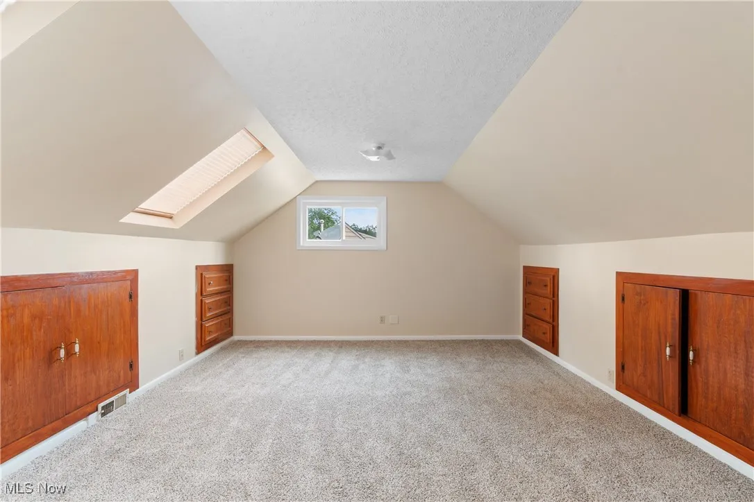 Additional living space featuring light colored carpet, a skylight, vaulted ceiling, and a textured ceiling