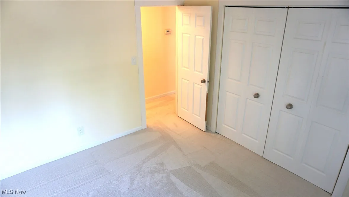 Unfurnished bedroom featuring light colored carpet and a closet