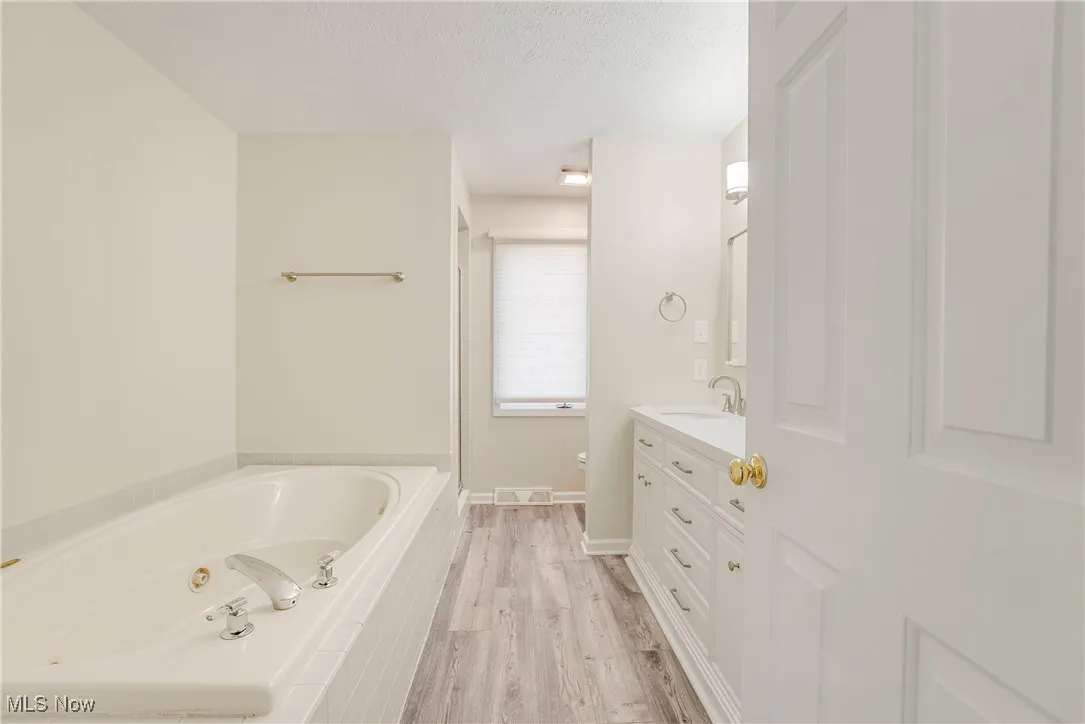 Primary bath with jetted tub, walk-in shower, double sinks, and large walk-in closet