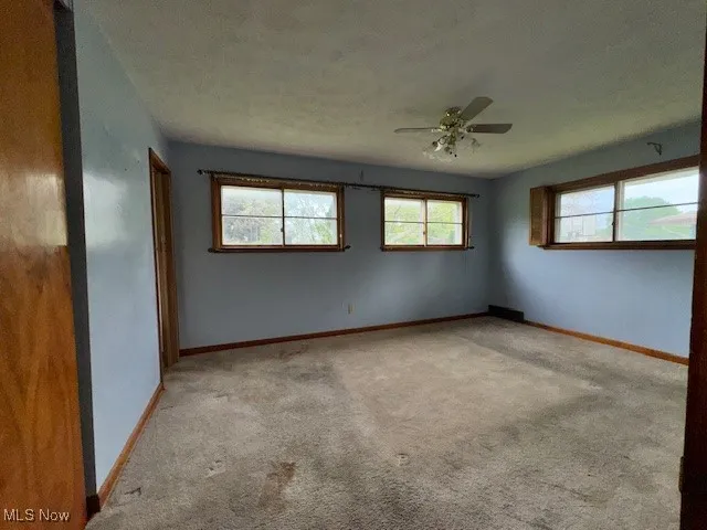 Unfurnished room with light carpet and a ceiling fan
