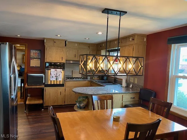 Kitchen featuring stainless steel appliances, dark wood finished floors, decorative backsplash, a peninsula, and recessed lighting