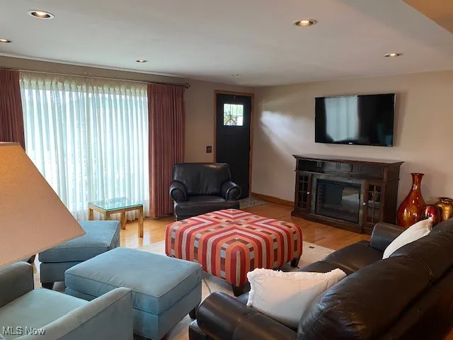 Living area featuring wood finished floors, recessed lighting, and a glass covered fireplace