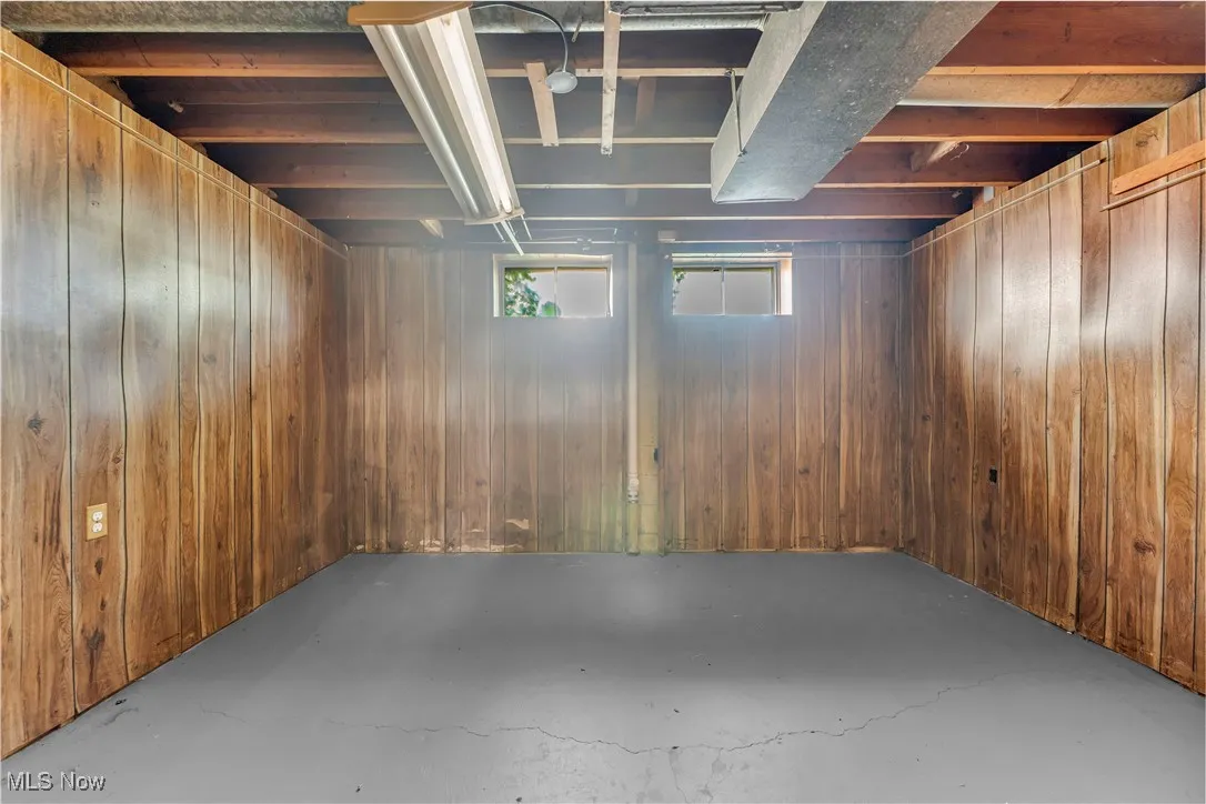 Basement featuring wood walls