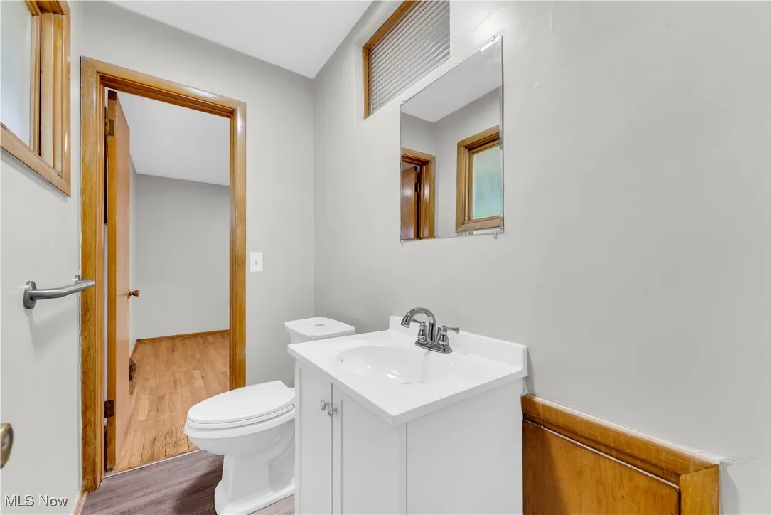Bathroom featuring wood finished floors and vanity