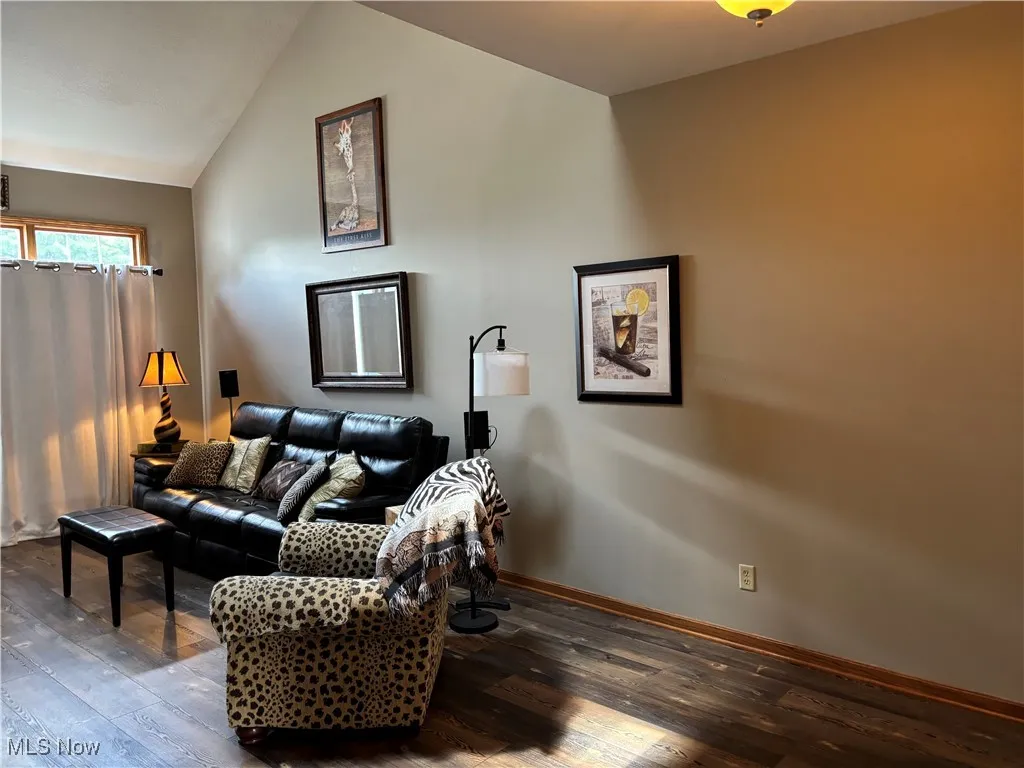 Living area featuring wood-type flooring and lofted ceiling
