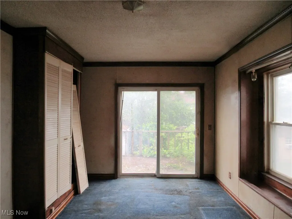 Unfurnished bedroom featuring access to outside, carpet flooring, multiple windows, and a textured ceiling