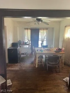 Dining space featuring wood finished floors and ceiling fan