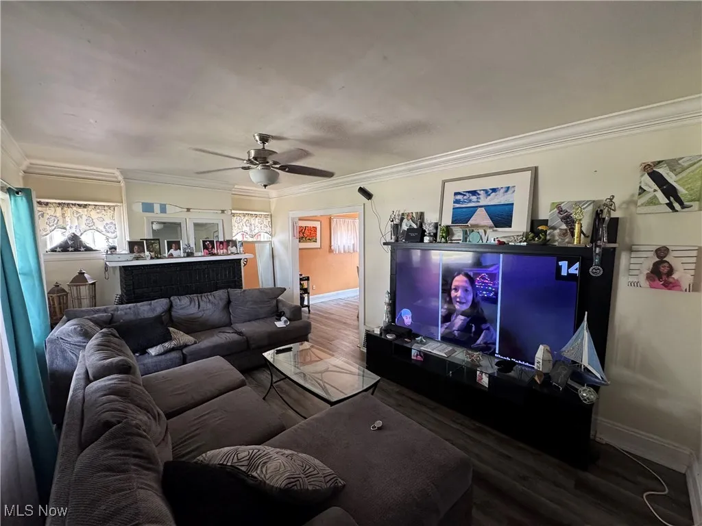 Living area featuring crown molding, a ceiling fan, and wood finished floors