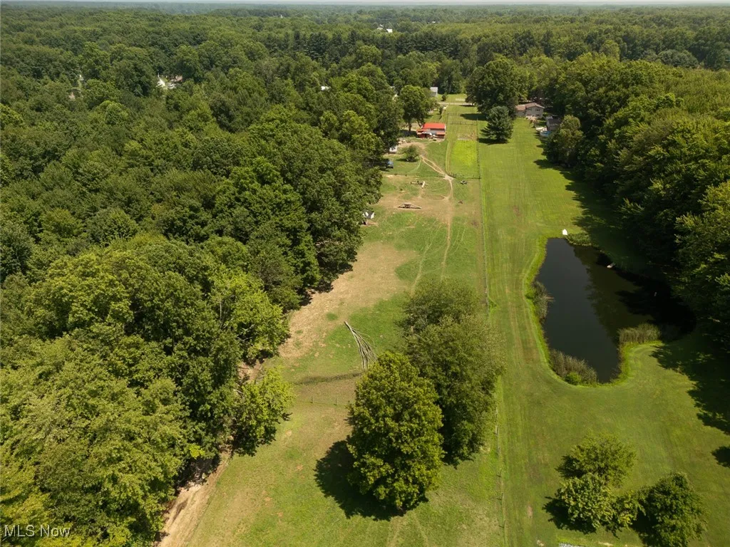 Bird's eye view of a heavily wooded area and a nearby body of water