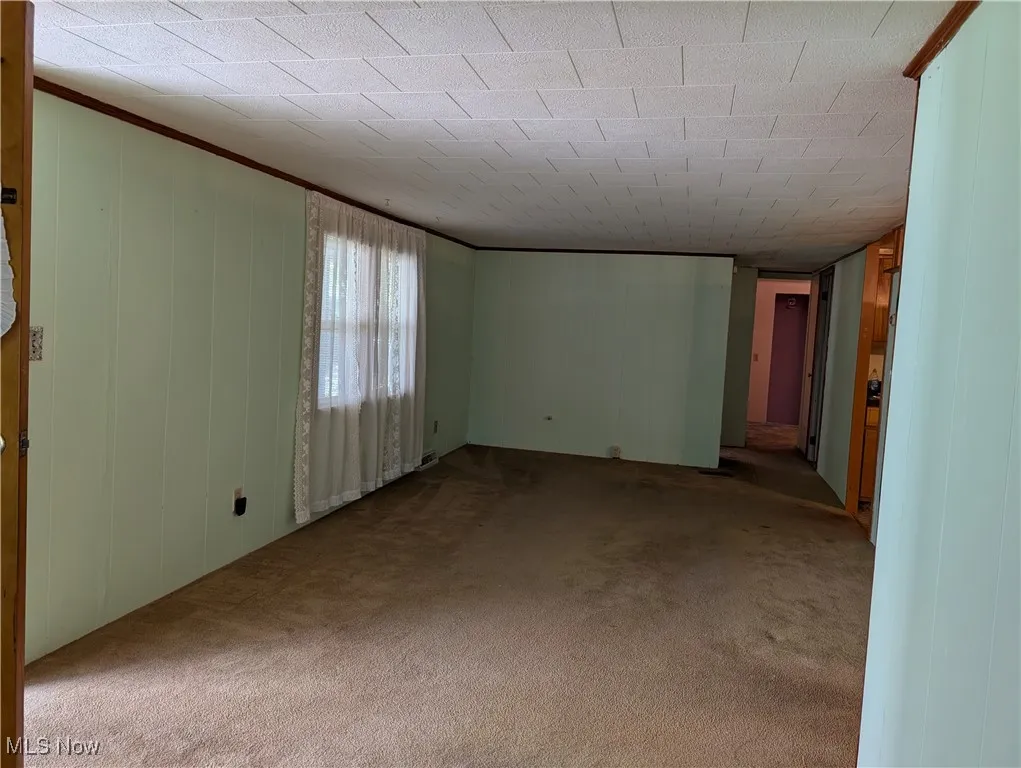Spare room featuring carpet and crown molding