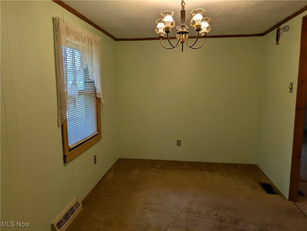 Carpeted spare room with a chandelier, ornamental molding, and a textured ceiling