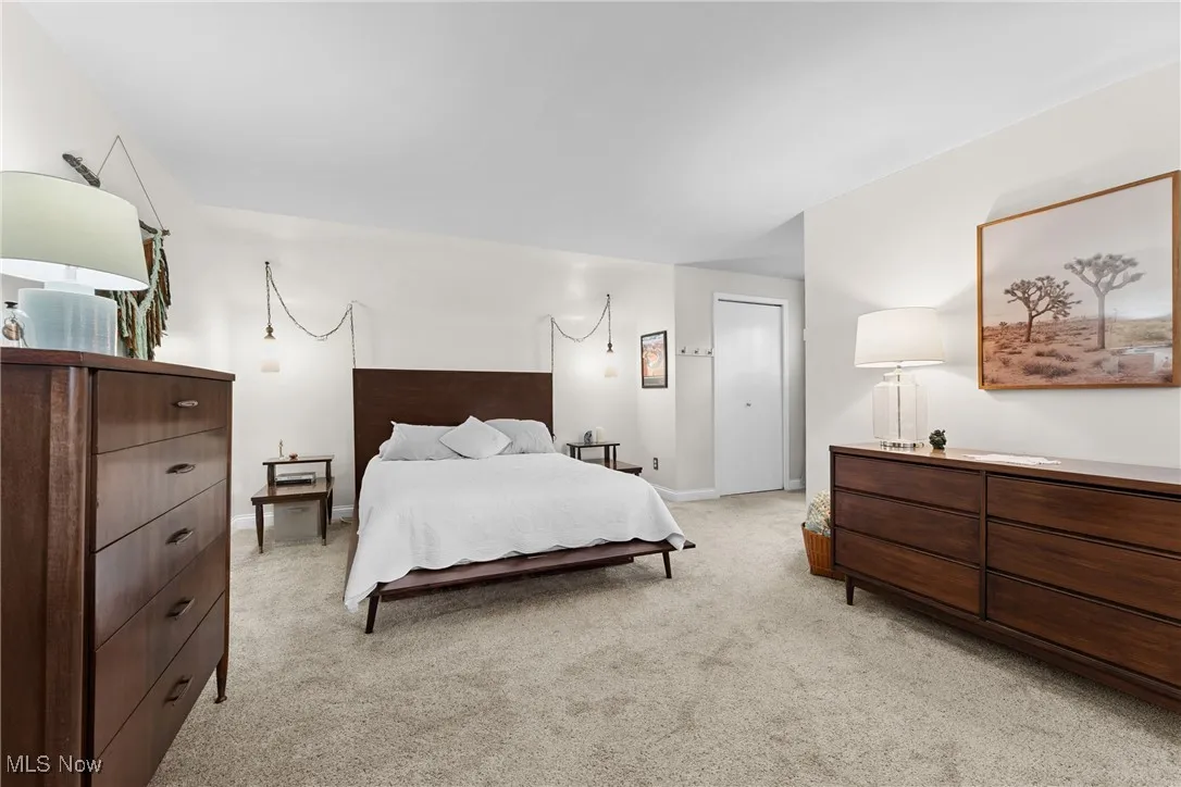 Bedroom featuring light carpet
