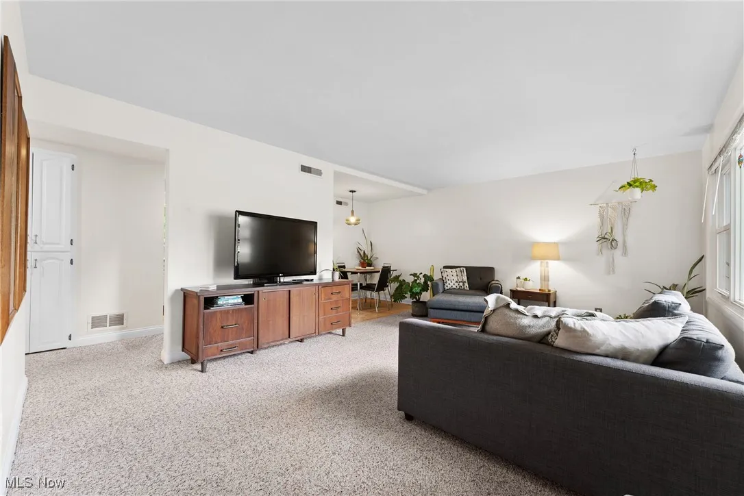 Living area with light colored carpet and baseboards