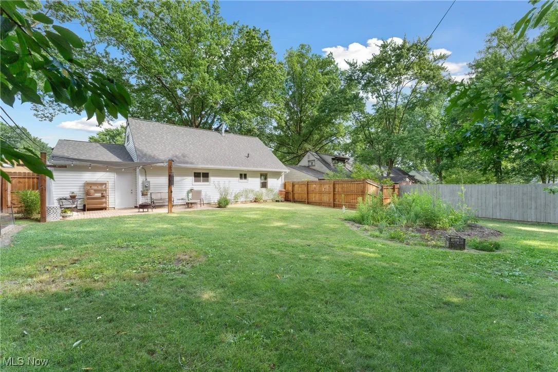 Fenced backyard featuring a patio
