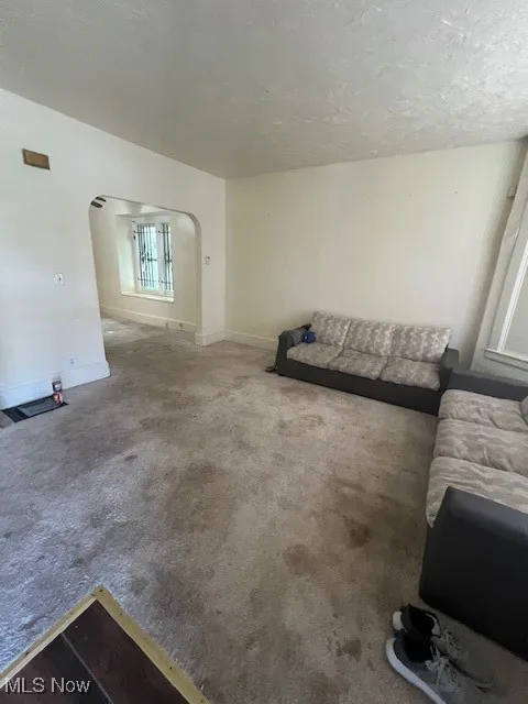 Unfurnished living room featuring arched walkways and carpet