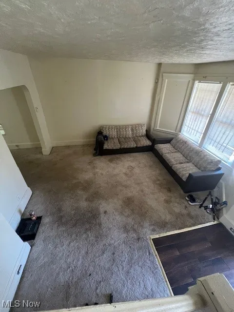 Unfurnished living room featuring a textured ceiling and carpet flooring