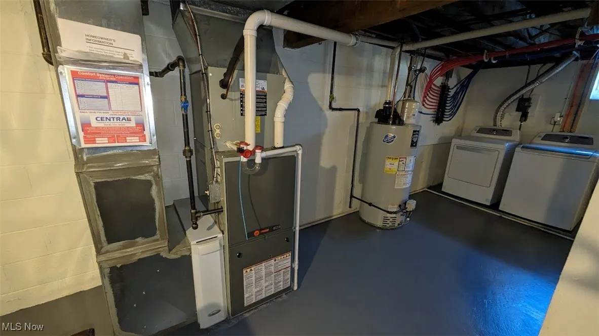 Utility room with washer and clothes dryer, water heater, and heating unit