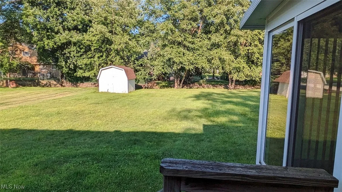View of grassy yard with a shed