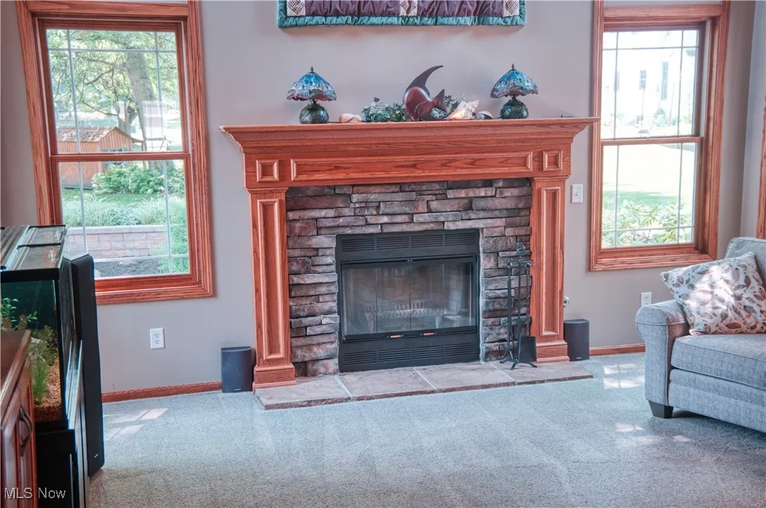 Living room with carpet floors, a fireplace, and healthy amount of natural light