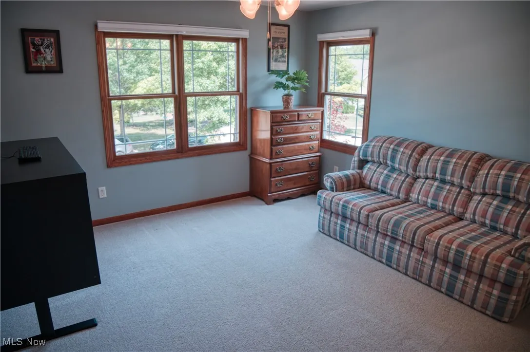 Carpeted living room with baseboards